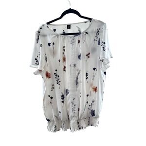 Shein Curve Womens 2XL White Floral Smocked Hem Blouse Short Sleeve Lace Detail